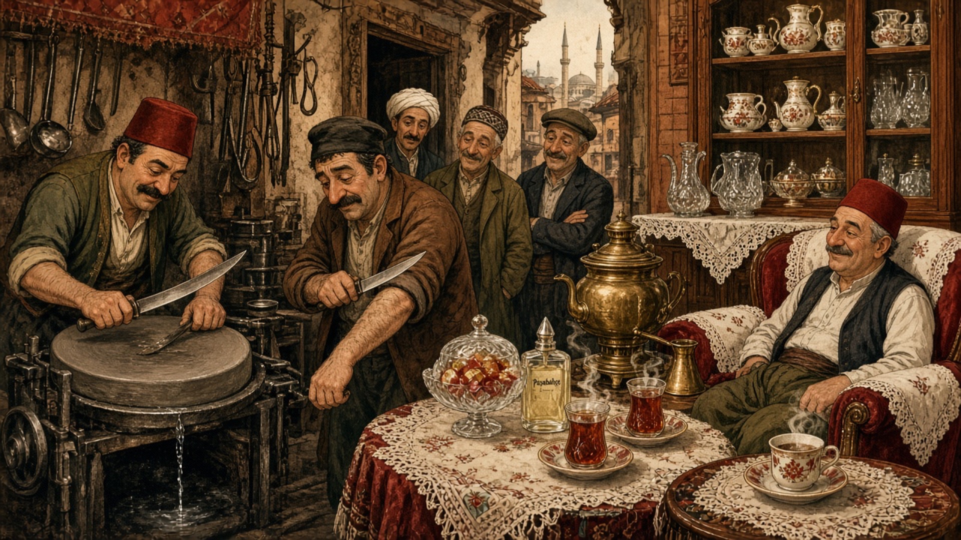 Kurban Öncesi Çarkçı Dükkanında Bekleyen ve Bıçağın Kılları Kesip Kesmediğini Test Eden Amcalar
