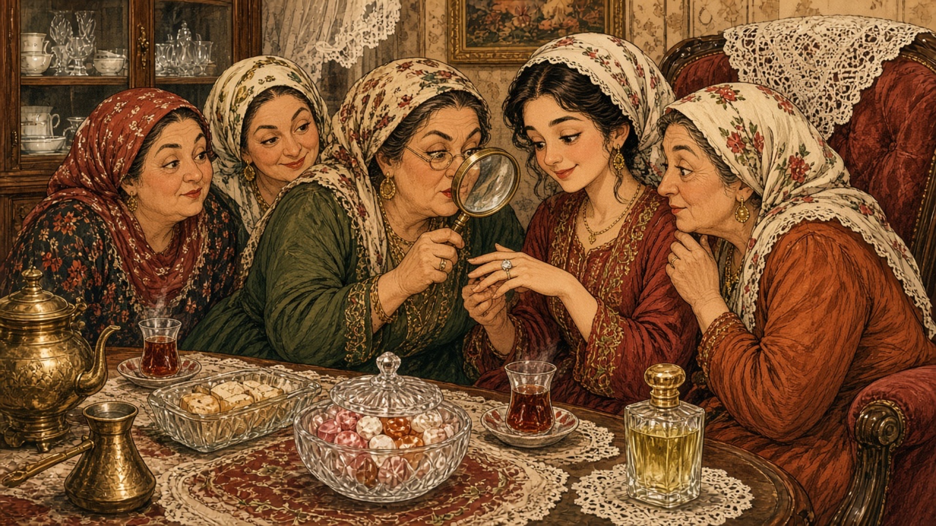 Yeni Nişanlanmış Kızın Parmağındaki Taşa Büyüteçle Bakar Gibi Odaklanan Teyzeler Grubu